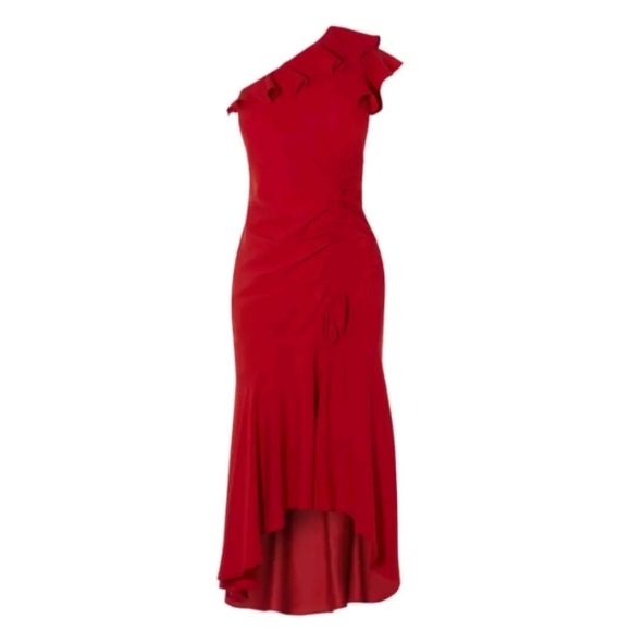 karen millen red peplum dress Karen Millen Compact Stretch Ruffle Peplum Belted Pencil Midi Dress in Tomato Red